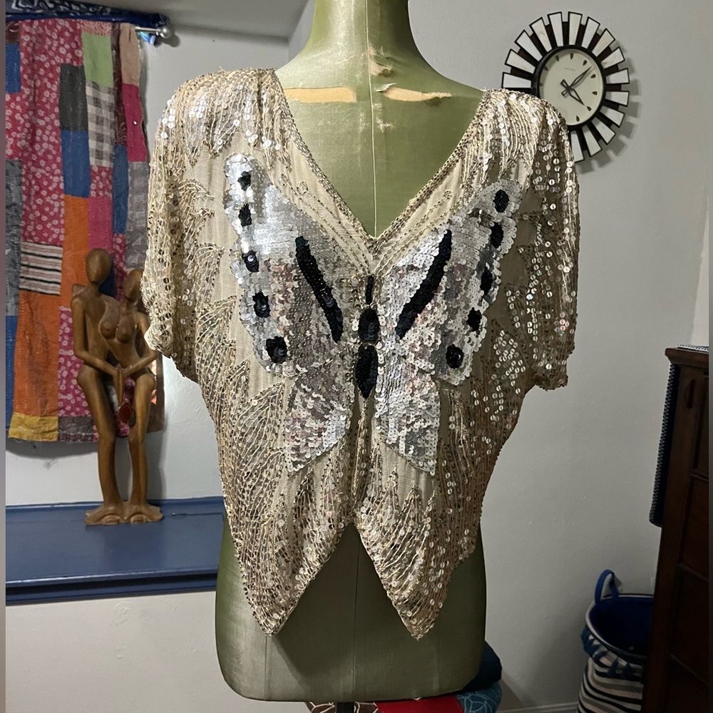 Vintage 80's Butterfly Sequined
Top. Black and Silver. 100% Silk.